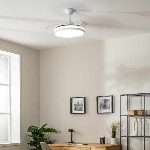 Ventilador de Techo con Luz Energysilence Aero 4300 Invisible White. 35W, 6 Velocidades, Aspas Retráctiles, Mando a Distancia, Temporizador, Luz Led Integrada, Intensidad Lumínica Regulable