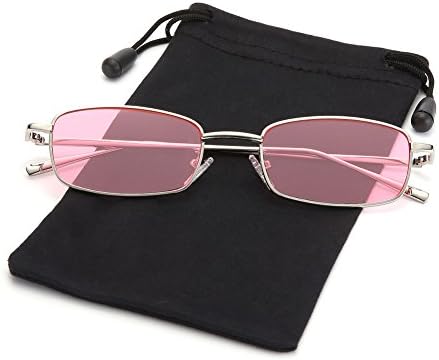 Retro Small Square Sunglasses John Lennon Shades for Women and Men by LOOKEYE, 100% UV Protection, Sliver Frame and Pink Lens