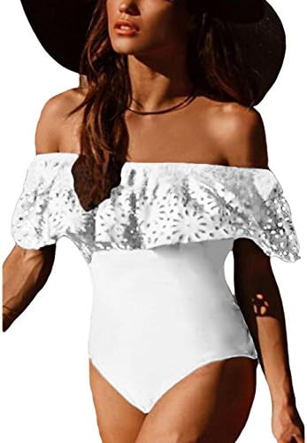 Tengweng Women Sexy Ruffle Off-The-Shoulder One-Piece Swimsuit Hollow Out Bikini XL WhiteA