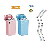 Wellbuy 2 Pack Collapsible Reusable Straws Silicone Straw Food-grade BPA Free Foldable Stainless steels Metal Straw with Case and Cleaning Brush (pinkblue, one size) (Pink-blue)