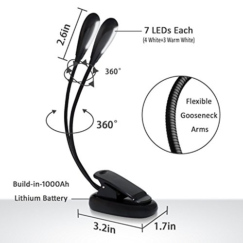 Reading Light Clip On Book Light ,Music Stand Light USB Rechargeable Adjustable Portable Eye-care Lamp,14 LED with 2 Arms,Reading in Bed for Kids,Children,Kindle,E-reader Piano,Travel,Night fishing