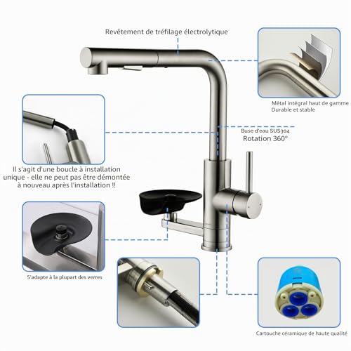 LakeBayMZC Kitchen Faucet, 360° Rotatable Extendable Kitchen Faucet, Double Jet Mixer, Brushed 304 Stainless Steel, for Kitchen Sink