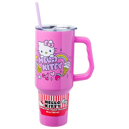 Silver Buffalo Sanrio Hello Kitty Kawaii Summer Vacation Stainless Steel Tumbler with Handle and Straw, Fits in Standard Cup Holder, 40 Ounces