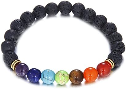 7 Chakra Healing Bracelet with Real Stones, Volcanic Lava, Mala Meditation Bracelet - Men's and Women's Religious Jewelry - Wrap, Stretch, Charm Bracelets … (8 colors)