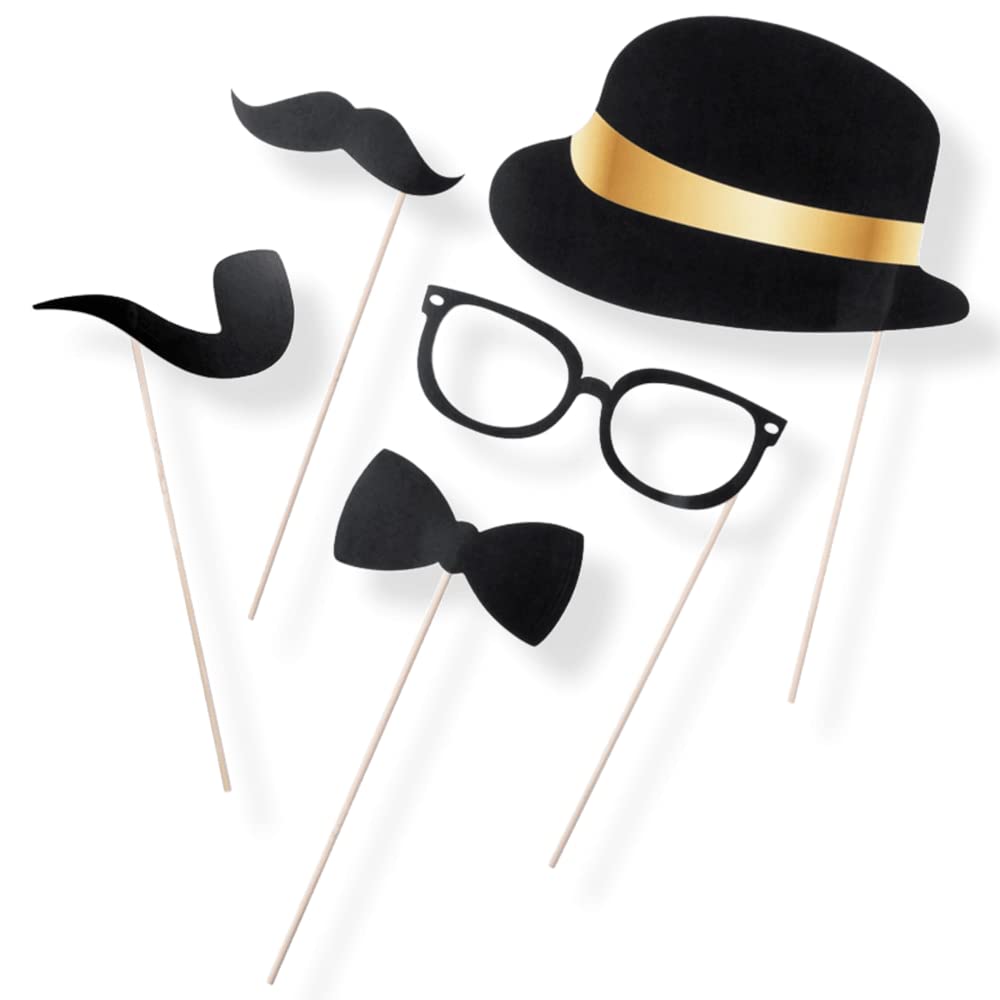 Antevia - Set of 5 Photobooth Accessories with Carry Bag: Hat Pipe Moustache Bow Tie Glasses | Over 10 Models | Selfie Photo Object (Carrey)