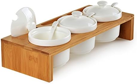 QCLTY Set of 3 Ceramic Condiment Pots Spice Serving Jars Seasoning container with Serving Spoons &amp; Bamboo Stand