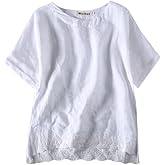 Minibee Women's Summer Linen Tunic Shirt High Low Hem Embroidery Blouse Top