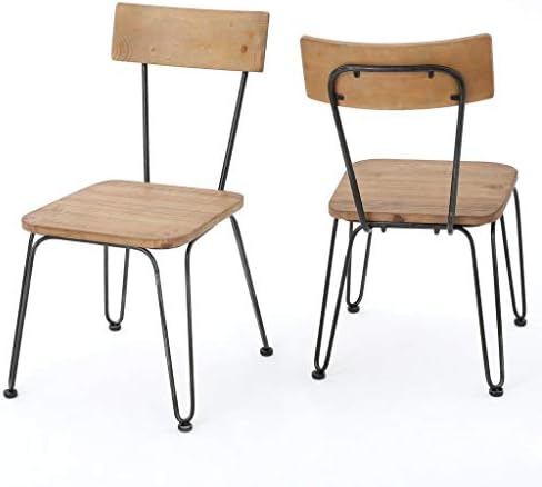 GHP 2-Pcs Industrial Natural Wood Black Iron Frame Hairpin Legs Seat Dining Chair