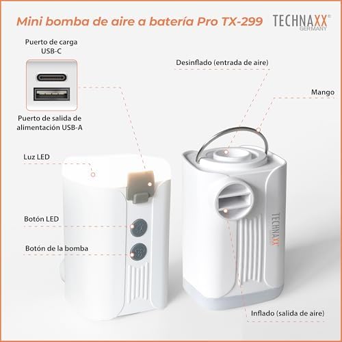 TX-299 Pro, mini bomba de ar elétrica recarregável de 3600 mAh com bateria externa, luz LED e 5 bicos. Bomba de ar portátil sem fios para artigos insufláveis