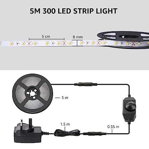 Lepro Warm White LED Strip Light 5M 300 LEDs, 1650lm Dimmable LED Tape Lights, 3000K Flexible LED Lights for Bedroom Kitchen Under Cabinet Wardrobe Stair (12V Power Plug and Dimmer Switch Included)