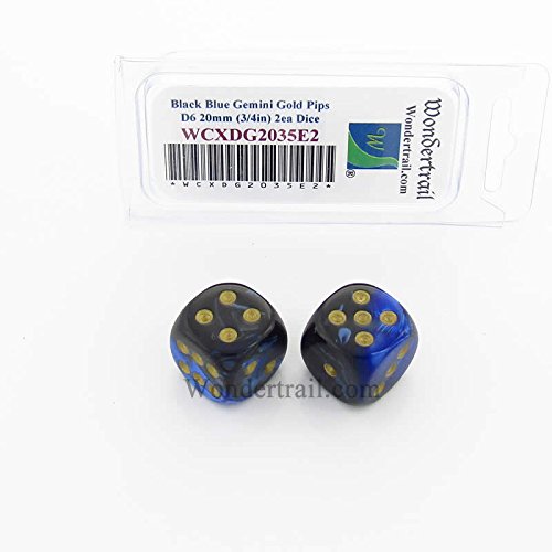 WCXDG2035E2 Black and Blue Gemini Dice with Gold Pips 20mm (3/4in) D6 Pack of 2