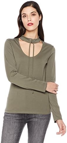 Mariella Bella Women's Long Sleeve Choker Knit Top With Eyelet Detail X-Large Olive Green
