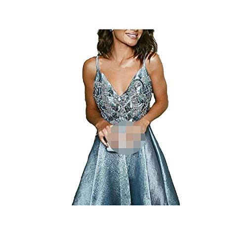 Women Sleeveless V Neck Sequins Long Trailing Maxi Loose Party Dresses,Light Blue,10,Floor Length