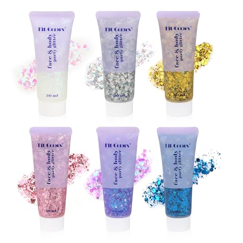 Set of 6 Body Glitter Gel, Glitter Gels, Face and Hair, Chunky Holographic Glitter for Makeup, Festival, Christmas, Easter, Party, Long-Lasting, Liquid Shimmer Gel for Eyes and Body