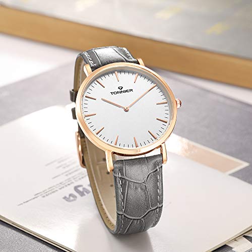 Tonnier Stainless Steel Slim Men Watch Quartz Watch Black Face (Gray)