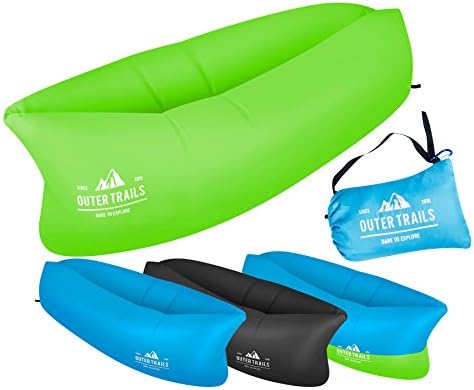 Outer Trails Inflatable Lounger: Outdoor Waterproof Tear Resistant Fabric, Easy Fast Set-Up, Carabiner &amp; Carry Bag - Concerts, Camping, Beaches, Hiking, Pools- Green