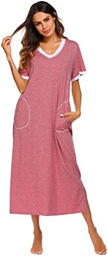 Cooshional Women's Nightdress Nightshirt, Short Sleeve Nightgown V-Neck Full Length Nightwear with Pocket