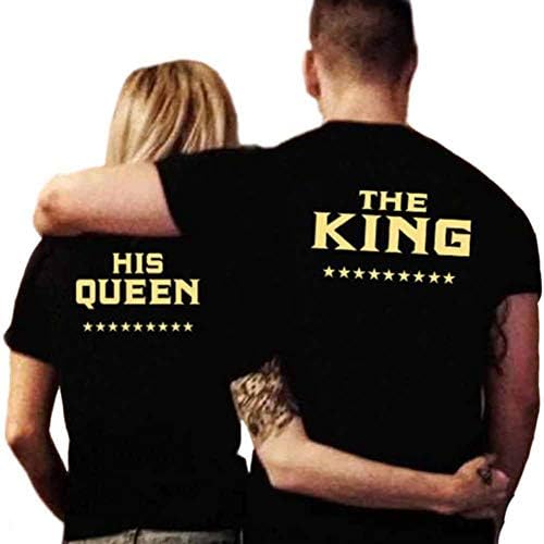 King Queen Matching Couple T-Shirts Set Short Sleeve Tops Tees Valentines Boyfriend Girlfriend Husband Wife Love Cool Funny Gift Present Summer Men Women Shirts Pack of 2