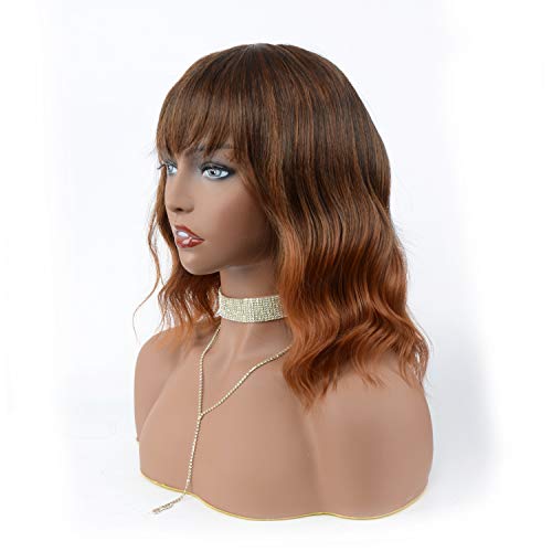 Short Wavy Bob Curly Wig With Bangs Mixed Brown Color For Women Shoulder Length Syntheic Hair Heat Resistant Fiber Hair for Women(14 inch)
