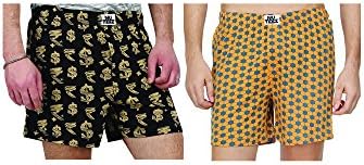 Men's 100 percent Cotton Knitted Comfort Fit Printed Boxer Shorts PJs  Night Wear Combo Royal Combo   Black &amp; Mustard X Large