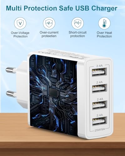 USB Charger, 4 Ports 25W/5A Plug U-SB Multiple Mobile Charger Fast Charging C-argador USB Multiple Fast Charger Carregador for iPhone 17/16/15/14/13/12/11/X/8, Samsung S25/S23/S22, Xiaomi