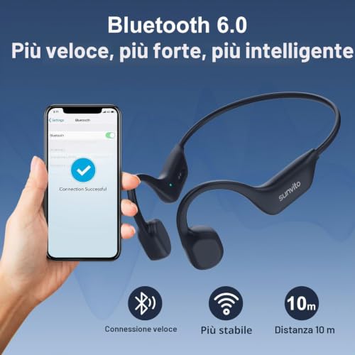 Cuffie a Conduzione Ossea Bluetooth 6.0, Auricolari Wireless Open Ear, Impermeabili IPX6, Connettività Doppia, 10 Ore di Autonomia, Cuffie Sportive per Corsa, Ciclismo e Palestra