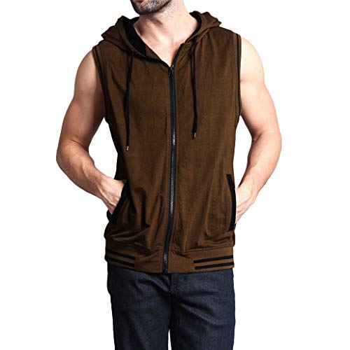 Allywit-Mens Slim Fit Lightweight Active Sleeveless Zip-up Hooded Vest Gym Tank Top Coat Coffee