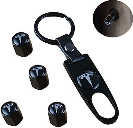 HQDS Black Tire Valve Stem Air Caps Cover and Keychain Combo Set for Tesla (Black)