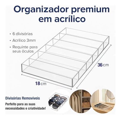Akria Design Organizador Porta Óculos e Joias em Acrílico Cristal, Bandeja com 6 Compartimentos, 36cmx18 cm x 3 mm