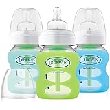 Dr. Brown's Options 3 Piece Wide Neck Glass Bottle in Silicone Sleeve, Green/Mint/Blue, 5 Ounce