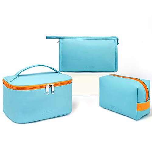 WANDF 3 Pieces Makeup Bag PU Leather Toiletry Bag Portable Cosmetic Pouch Water-resist Travel Organizer for Women (Blue) 1 WANDF 3 Pieces Makeup Bag PU Leather Toiletry Bag Portable Cosmetic Pouch Water-resist Travel Organizer for Women (Blue)