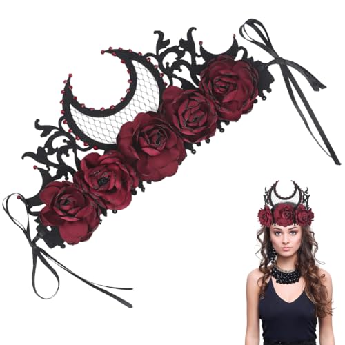CABODYALS Black Rose Flower Crown Gothic Floral Headpiece Dark Vampire Headband Queen Tiara Costume Hair Accessories with Mesh Veil Halloween Headpieces for Women Cosplay Party Festival Photo Prop