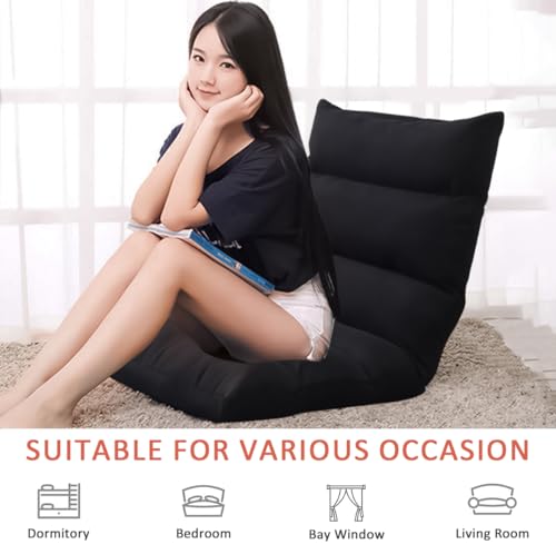 Gluckluz Floor Chair Foldable Lounger Chair Folding Lazy Sofa Gaming Chair Adjustable High Back Couch Recliner for Patio Deck Indoor Outdoor Bedroom Living Room Office Balcony Teens Adults Sleep Black