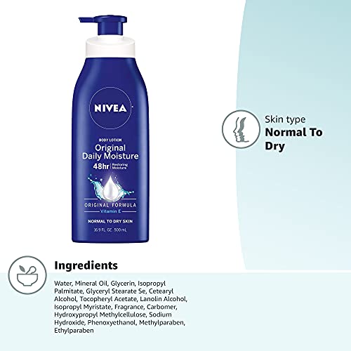 NIVEA ORIGINAL MOISTURE BODY LOTION WITH VITAMIN E, BODY LOTION FOR DRY SKIN, 16.9 FL OZ PUMP BOTTLE