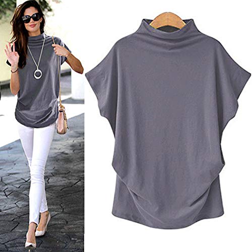 New in Summer Haalife◕‿Women Turtleneck Short Sleeve Top Fashion Irregular Blouse T Shirt Casual Oversize Tunic Tops Gray - Thumbnail 5