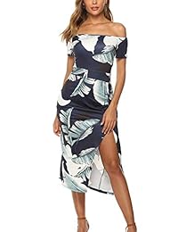 Vestido de cóctel para mujer, estilo casual, con hombros descubiertos, floral, con abertura alta