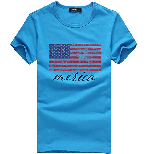 TIFENNY Women's Fashionable Loose American Flag Short-Sleeved Printed T-Shirt Top Blouse American Independence Day Shirt Sky Blue - Thumbnail 6