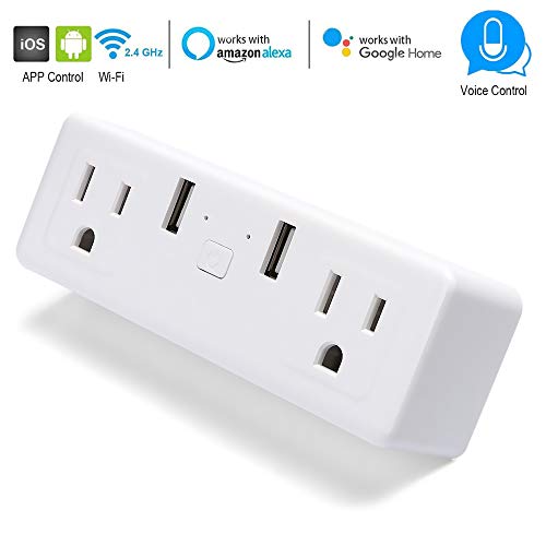 Mini Smart WiFi Plug USB Outlet with 2 Independent Control Sockets & 2 USB Ports, Compatible with Alexa and Google Assistant, support Timing Function, Voice and APP Remote Control, No Hub Required
