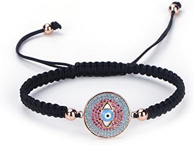 UBeata Evil Eyes Macrame Bracelet with Boho Braided 4mm Copper Beads Hand-woven Micro Red Blue CZ Paved Adjustable Rope Charm(Rose Gold)
