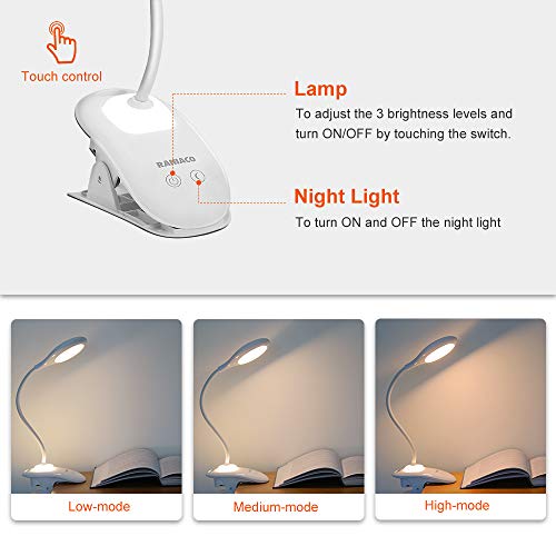 Raniaco Clip LED Reading Light,USB Rechargeable Touch Switch Reading Lamp-with Night Light,3 Adjustable Brightness Bedside Headboard Book Lamp with Day Light and Eye-Care Protection