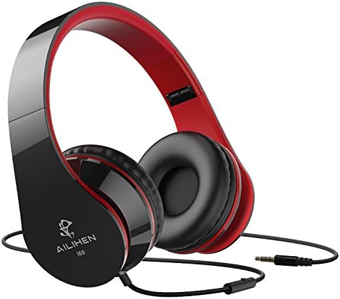 AILIHEN Wired Headphones with Microphone, Stereo Foldable Lightweight On Ear Headset for iOS Android Smartphone Cellphones Laptop Tablet Chromebook (Black Red)