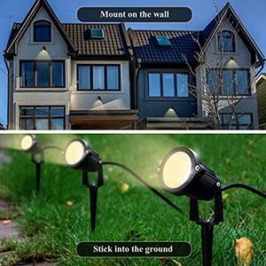 SMIFUL YARD SPOT LIGHTS WARM WHITE OUTDOOR SPOTLIGHTS, 3000K 120V LED LANDSCAPE LIGHTS WATERPROOF UPLIGHTS WITH SPIKED STAND FOR YARD HOUSE LAWN FRONT PORCH US 3 PLUG (4 LIGHTS)