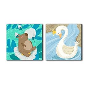 Square Canvas Wall Art of Otter and Goose in River Lake Children Painting | 12"x12" x 2 Panels