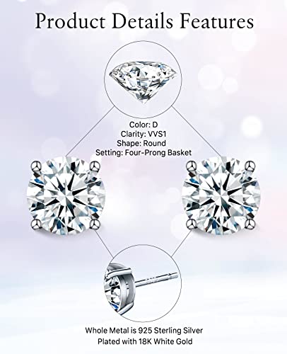 Moissanite Stud Earrings for Women Men Girl, FCINOS 18K White Gold Plated S925 Sterling Silver 1/2/4 CT D Color VVS1 Clarity Round Cut Lab Created Diamond Earrings Promise Birthday Christmas Gift