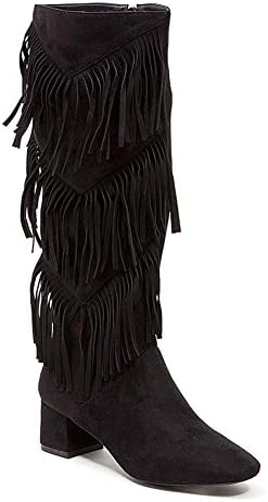 French Blu Women's Chelsea Faux Suede Fringe Knee High Boot, Black, 9