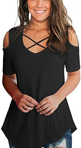 Aolakeke Cold Shoulder Short/Long Sleeve T Shirts V Neck Tops Casual Criss Cross Tunic Blouse