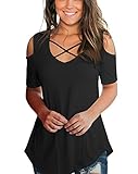 Aolakeke Cold Shoulder Short Sleeve T Shirts V Neck Tops Casual Criss Cross Tunic Blouse