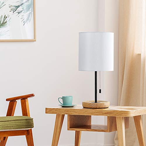 HAITRAL Wooden Table Lamp Nightstand Desk Lamp with White Shade, Pull