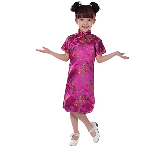Little Big Girl Chinese Dragon Phoenix Qipao Cheongsam Dress for Kids Floral Summer Mini Traditional Costume Dance Gown