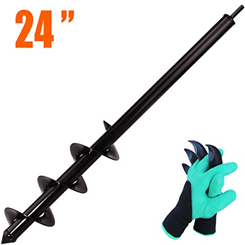 Koopi Auger Drill Bit, Garden Plant Flower Bulb Auger 3" x 24" Rapid Planter with Hex Shank for Drill, Post Hole Digger with Bonus Garden Genie Gloves